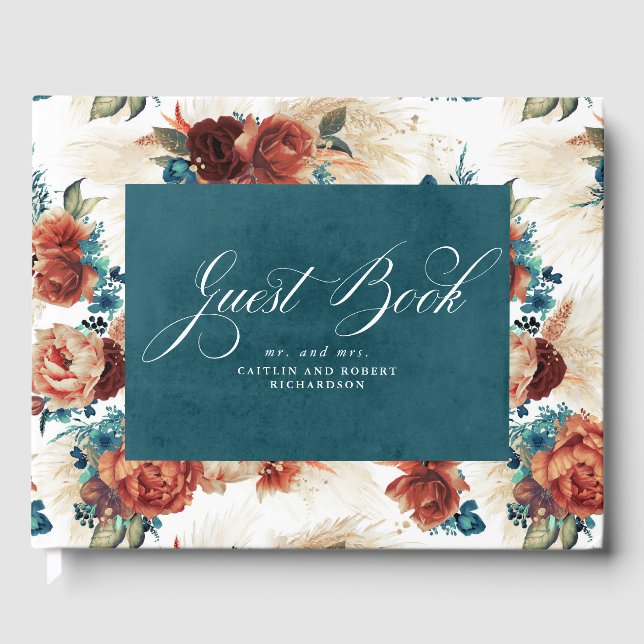 Livre D'or Turquoise Blue Terracotta Boho Mariage Floral (Recto)
