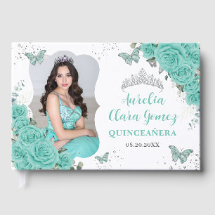 Livre D'or Turquoise Fleurs Argentées Quinceanera 16 Photo