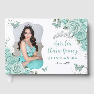 Livre D'or Turquoise Fleurs Bleu Argent Quinceanera 16 Photo