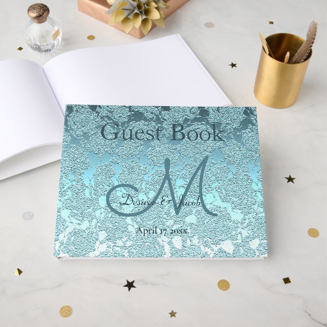 Livre D'or Turquoise Vert Élégant Mariage Réception Monogramm (Recto ouvert)