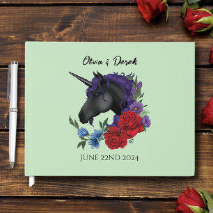 Livre D'or Unicorne noire violet Fleurs de Sage Rouge