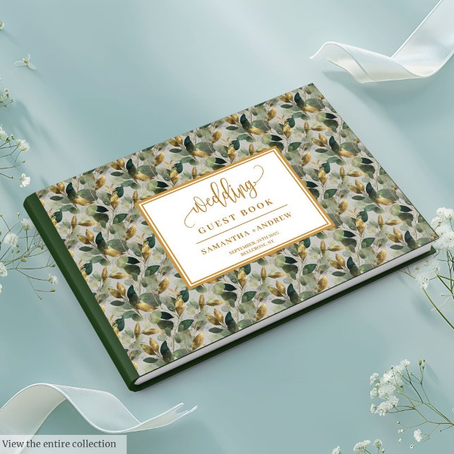 Livre d'or vert eucalyptus mariage (Golden sage green eucalyptus wedding guest book design)