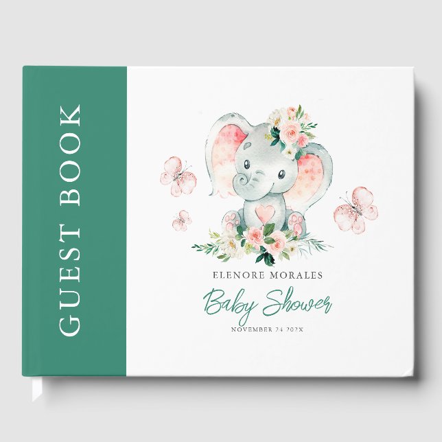 Livre D'or Vert rose mignon Baby shower de cadre d'éléphant F (Recto)
