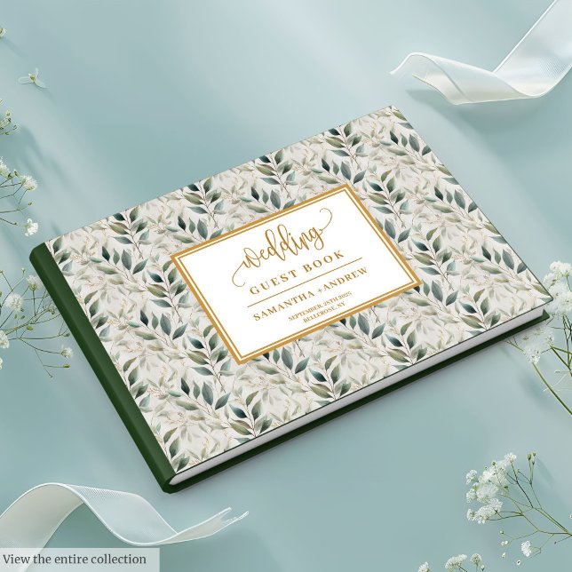 Livre d'or vert Sage mariage avec feuille (Sage green gold wedding guest book with leaves

)
