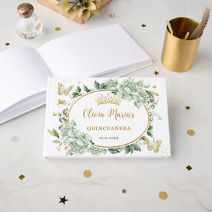 Livre D'or Vert sauge floral papillons Or Quinceanera 15