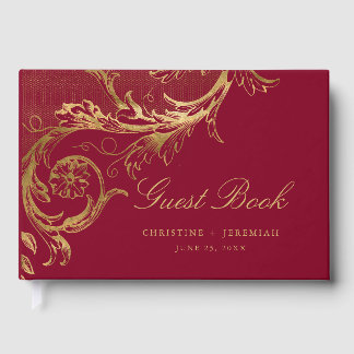 Livre D'or Vintage Burgundy Gold Floral Damask Script Mariage