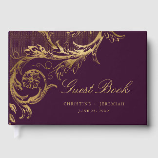 Livre D'or Vintage Purple Gold Floral Damask Script Mariage