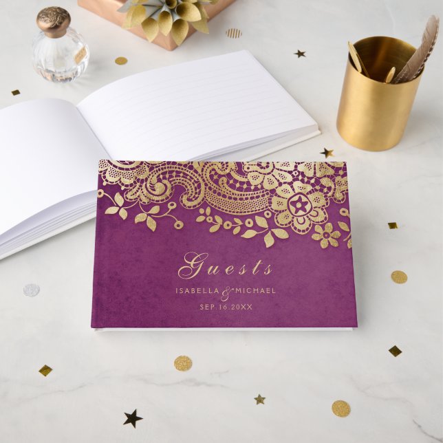 Livre d'or violet élégant mariage en dentelle (Recto ouvert)