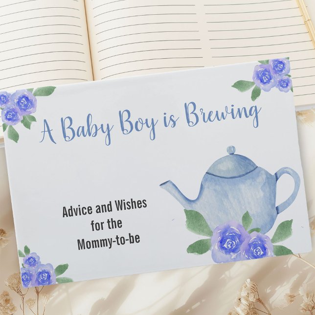 Livre D'or Voeux et conseil Baby shower de garçon Teapot bleu (Baby is Brewing Baby Shower Guest Book with Blue Teapot and Flowers)