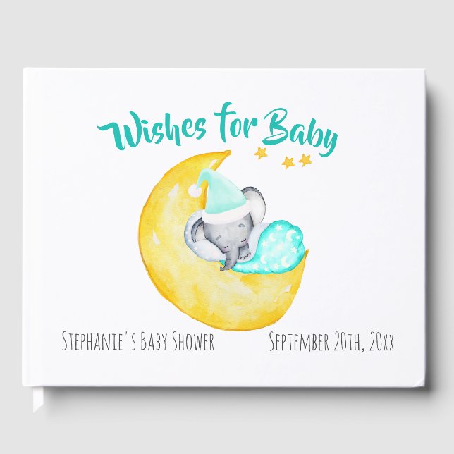 Livre D'or Voeux pour bébé Eléphant Lune & Etoiles Baby showe (Recto)