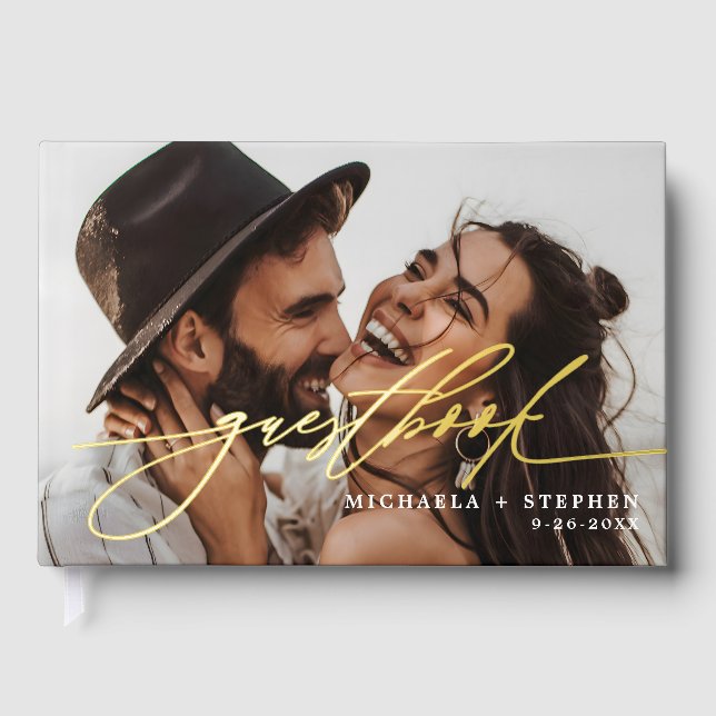 Livre D'or *VRAI FOIL* Élégant Script 2-Photo Mariage moderne (Recto)