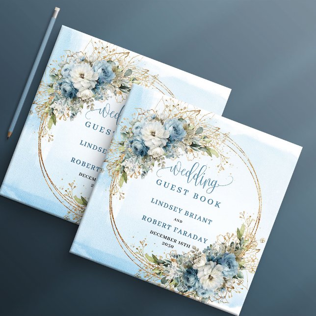 Livre D'or Watercolor Light Blue Floral Gold Glitter Boho (Watercolor Light Blue Floral Gold Glitter Guest Book

)