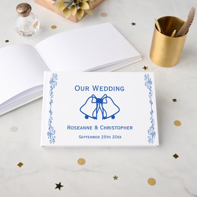 Livre D'or Wedding Guest Book Blue Sapphire Bells Scrollwork (Recto ouvert)