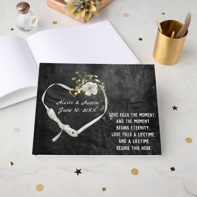 Livre D'or Wedding White Rose and Heart with Flowers (Recto ouvert)