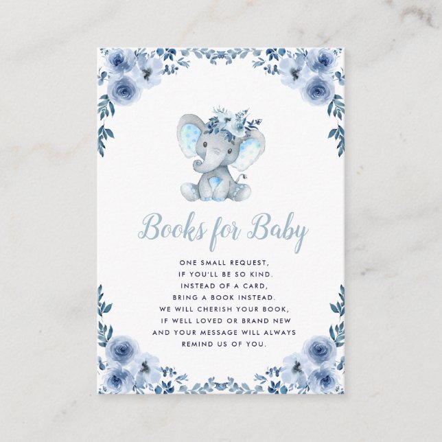 livres floraux bleus pour bébé éléphant pour carte (Devant)