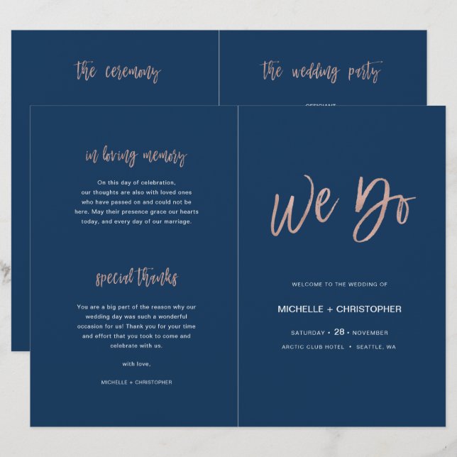 Livret du programme de mariage Gold Chic Blue & Ro (Devant / Derrière)