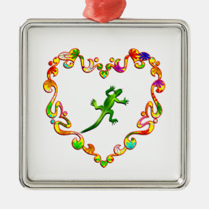 Lizard in Fancy Heart Metal Ornament