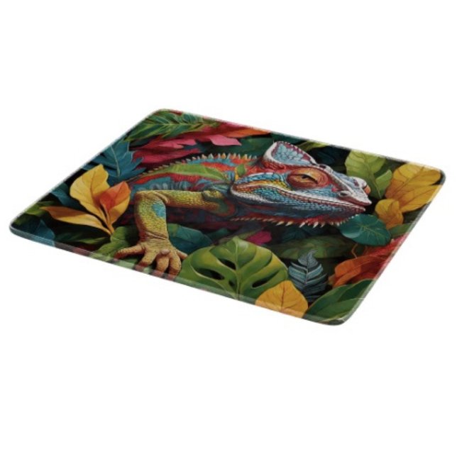 Lizard Leaves & Colour  Cutting Board (Colourful Lizard Tropical glass cutting board hand-pressed tempered glass five different sizes.
)