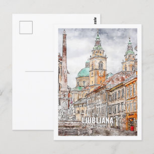 Ljubljana Slovenia Famous Travel Watercolor Sketch Postcard
