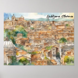 Ljubljana Slovenia Silhouette Watercolor Painting Poster