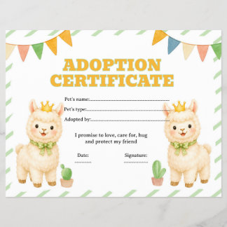 Llama adopt a pet certificate editable flyer