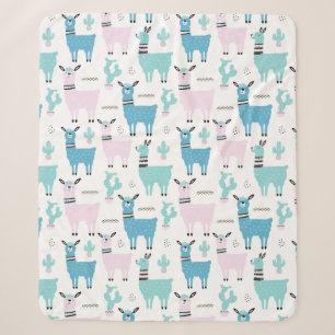 Llama Alapaca Pattern Blue Pink Cute Animals Sherpa Blanket