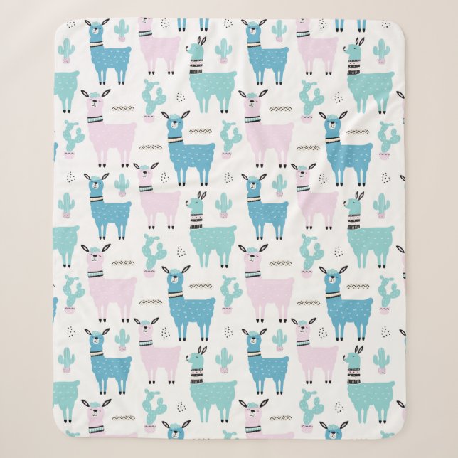 Llama Alapaca Pattern Blue Pink Cute Animals Sherpa Blanket (Front)