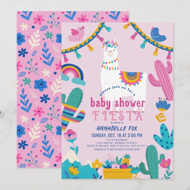 Llama Alpaca Cactus Fiesta Girl Pink Baby Shower Invitation (Front/Back)