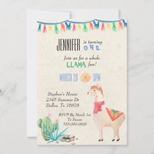 Llama Alpaca Child's Birthday Party Invitation (Front)