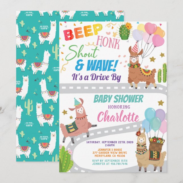 Llama Alpaca Drive Through Baby Shower Invitation (Front/Back)