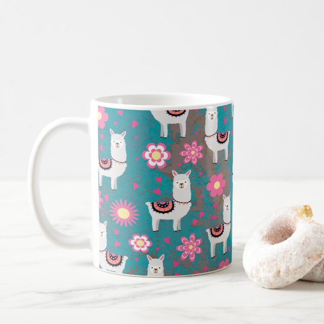 Llama (Alpaca) Floral and Turquoise Grunge Coffee Mug (With Donut)