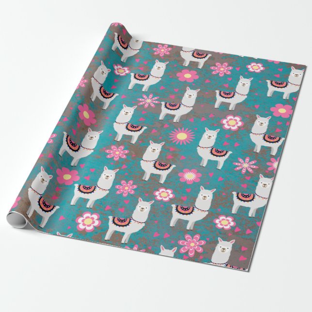 Llama (Alpaca) Floral and Turquoise Grunge Wrapping Paper (Unrolled)