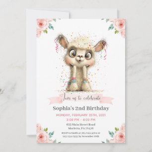 Llama Alpaca Floral Birthday Party Invitation