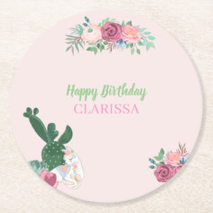LLAMA-alpaca PARTY "HAPPY BIRTHDAY + NAME" floral Round Paper Coaster