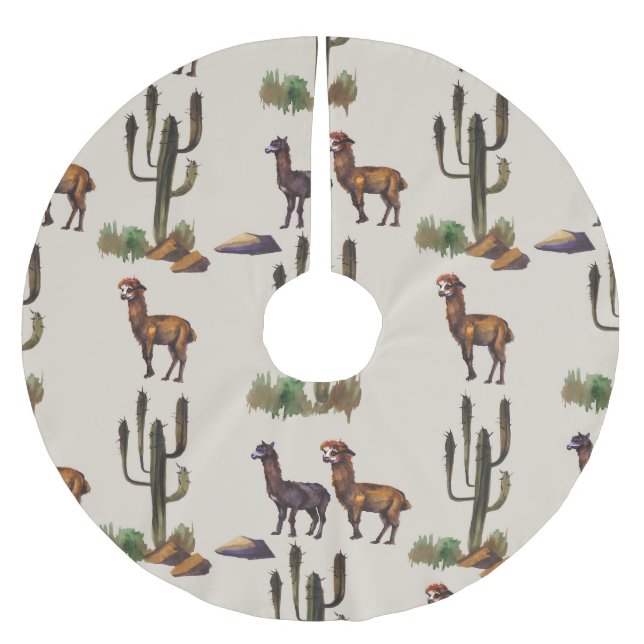 Llama alpaca wildlife, watercolor pattern. brushed polyester tree skirt (Front)