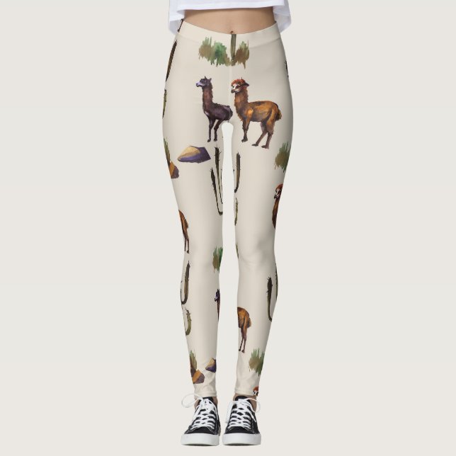 Llama alpaca wildlife, watercolor pattern. leggings (Front)