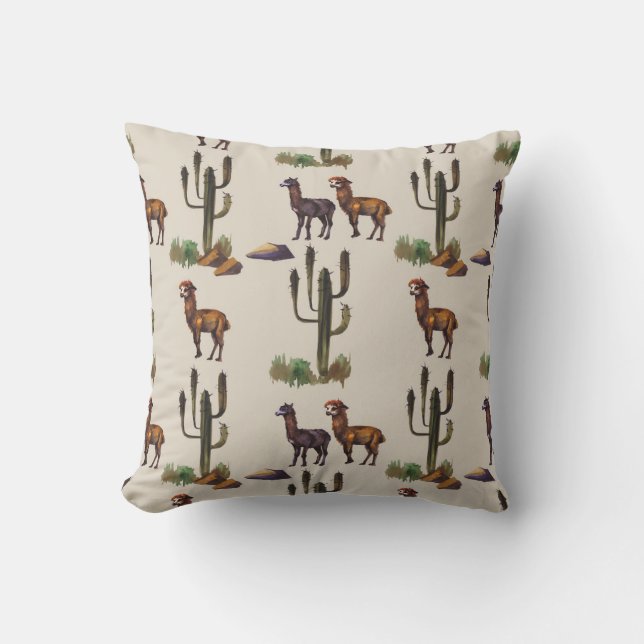 Llama alpaca wildlife, watercolor pattern. throw pillow (Front)