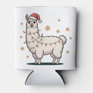 Llama Alpaca With Santa Hat And Christmas Light Can Cooler