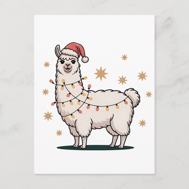 Llama Alpaca With Santa Hat And Christmas Light Holiday Postcard (Front)