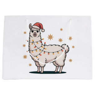 Llama Alpaca With Santa Hat And Christmas Light Large Gift Bag
