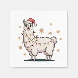 Llama Alpaca With Santa Hat And Christmas Light Napkin