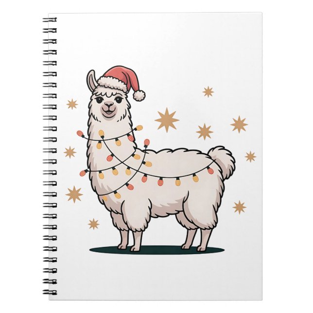 Llama Alpaca With Santa Hat And Christmas Light Notebook (Front)