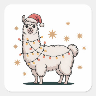 Llama Alpaca With Santa Hat And Christmas Light Square Sticker