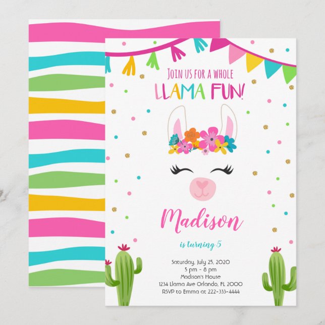 Llama Amusant Avec Cactus Invitation Anniversaire (Devant / Derrière)