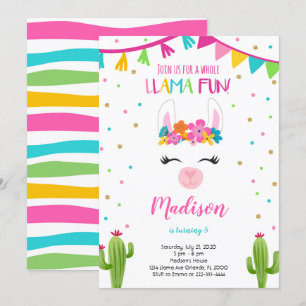 Llama Amusant Avec Cactus Invitation Anniversaire