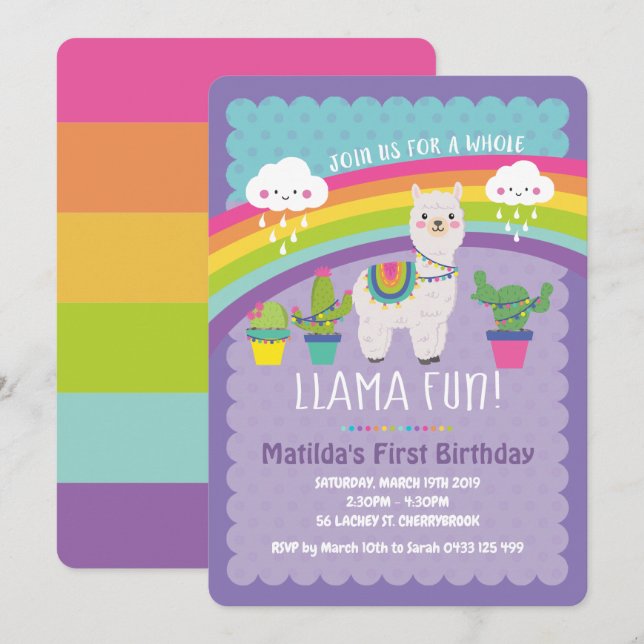 Llama Amusement 1er anniversaire Invitations de fê (Devant / Derrière)