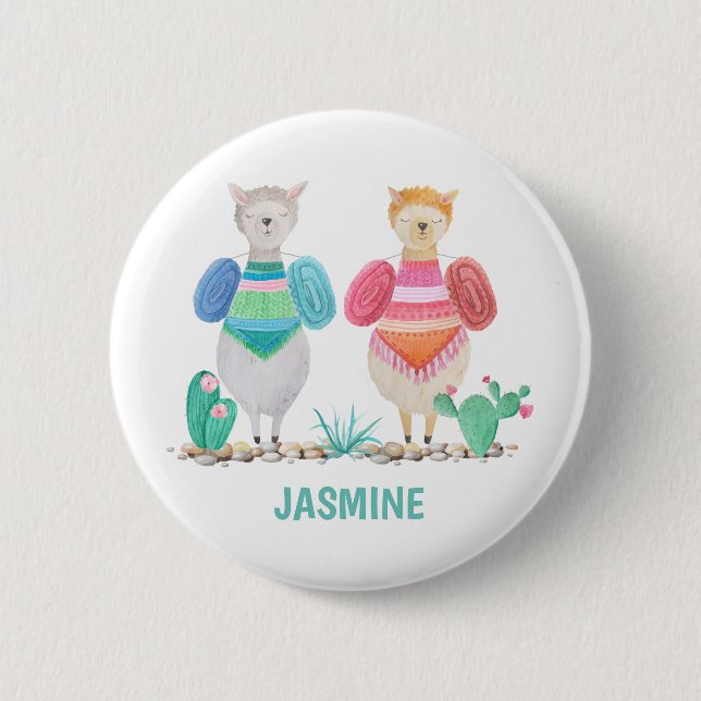 Llama and Cacti Watercolor Personalized 2 Inch Round Button (Front)