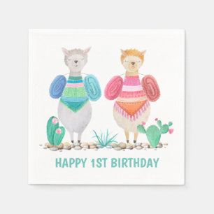 Llama and Cacti Watercolor Personalized Napkin