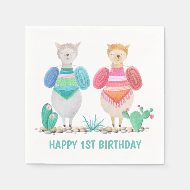 Llama and Cacti Watercolor Personalized Napkin (Front)
