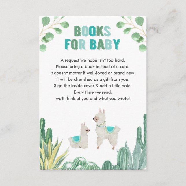 Llama and cactus book request boy baby shower enclosure card (Front)